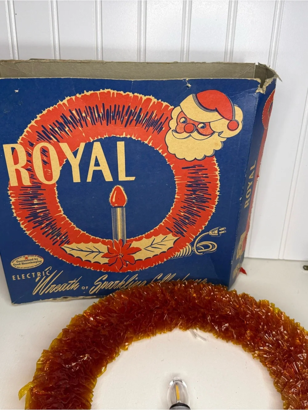 Vintage 1950s Royal Electric Illuminated Cellophane Christmas Wreath In Orig Box